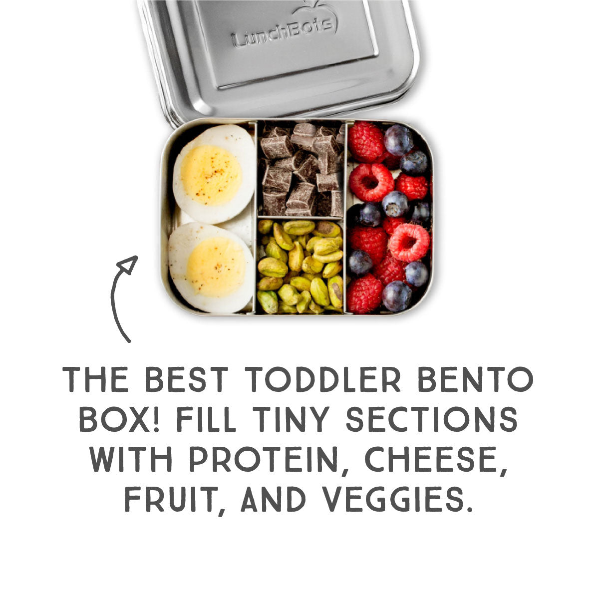 Small protein packer bento with  text "the best toddler bento box! ill tiny sections with protein, cheese, fruit, and veggies."